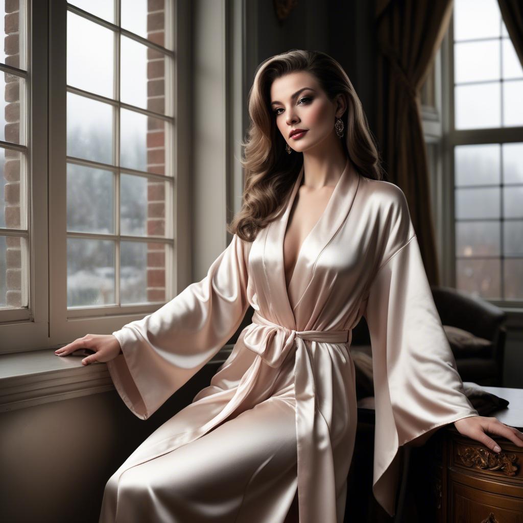 A stunning image of glamorous diva in a satin robe by a grand window.