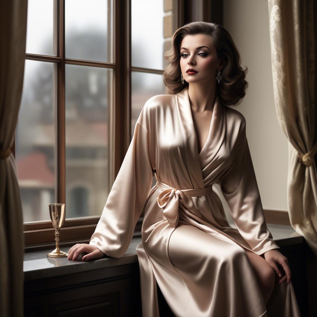 A stunning image of glamorous diva in a satin robe by a grand window.