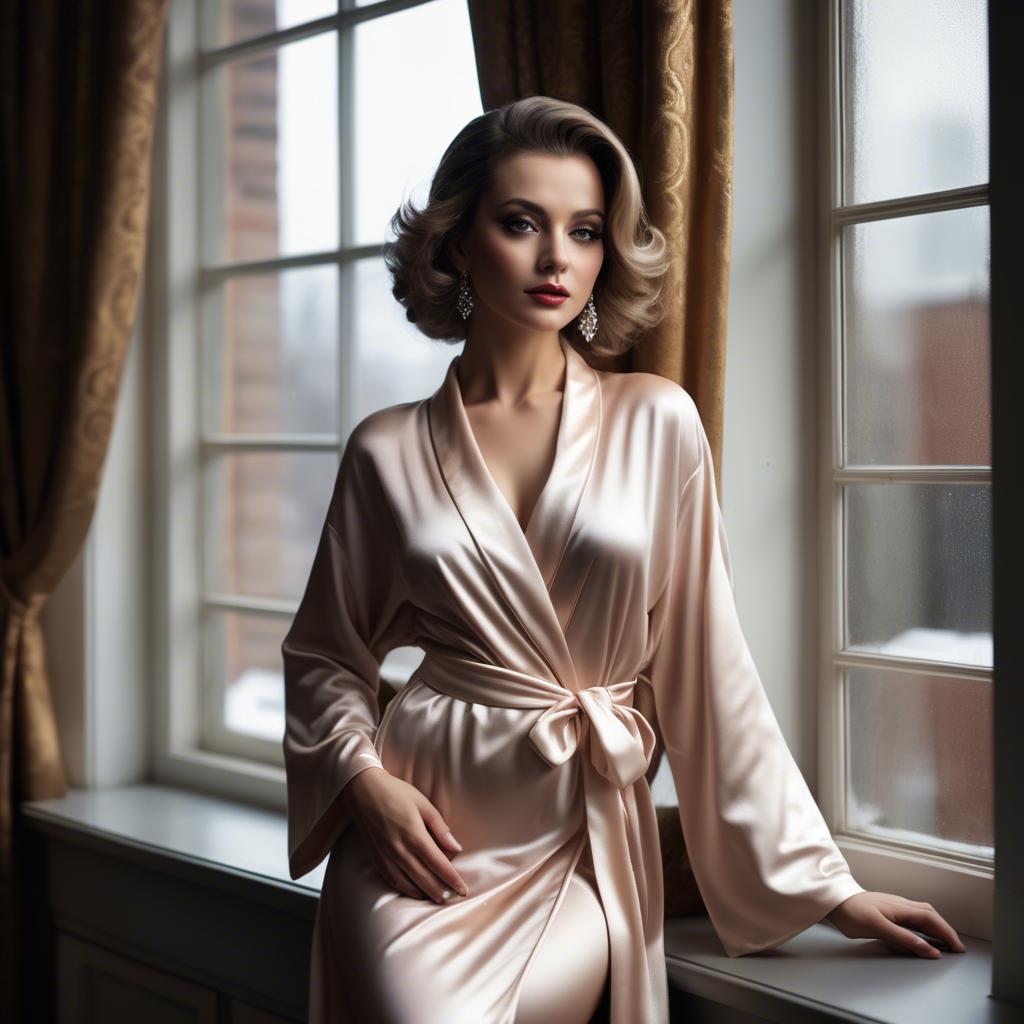 A stunning image of glamorous diva in a satin robe by a grand window.