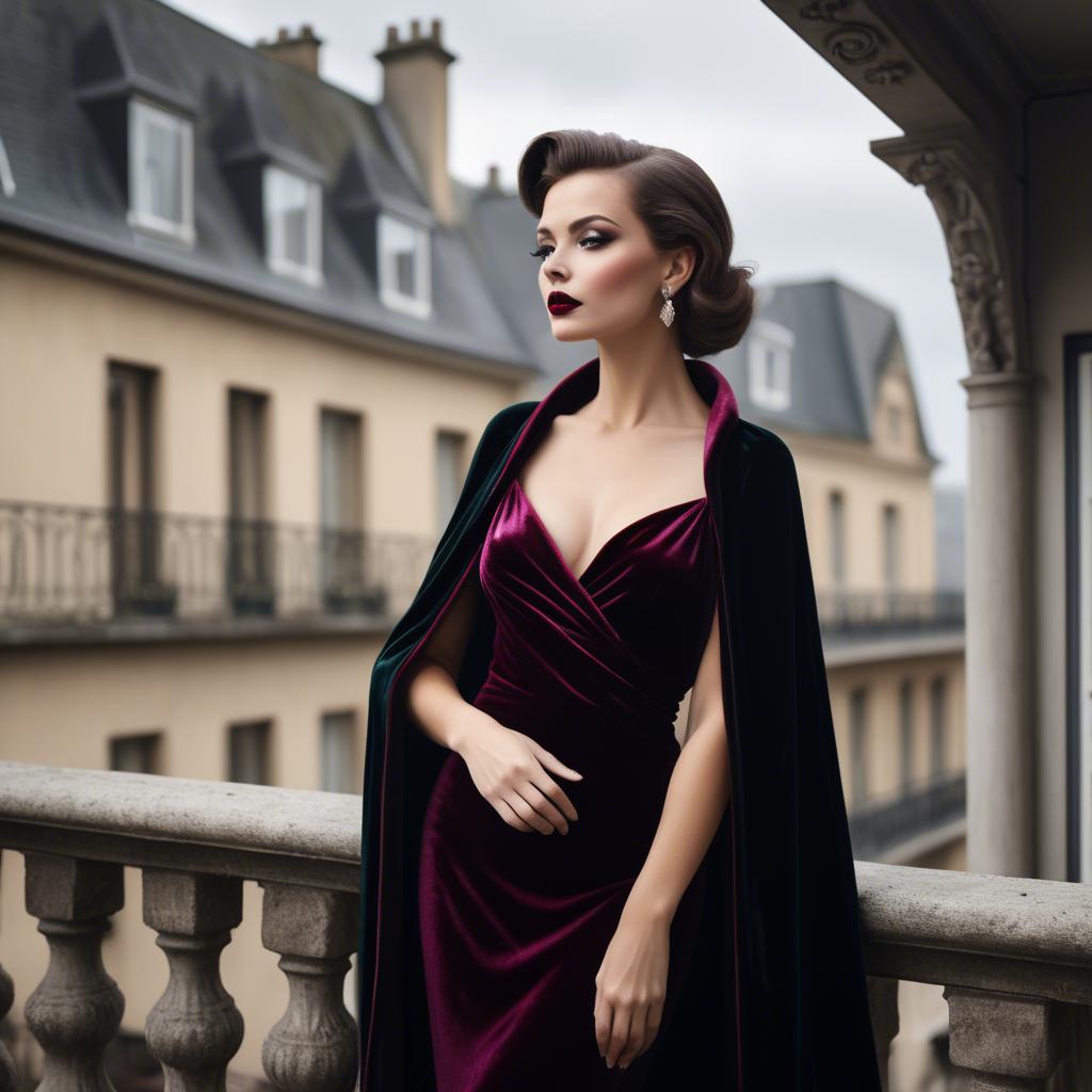 A stunning image of glamorous diva in a velvet cape on a balcony.