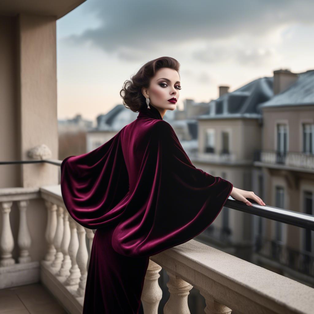 A stunning image of glamorous diva in a velvet cape on a balcony.
