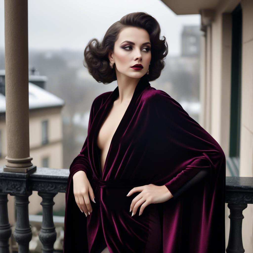 A stunning image of glamorous diva in a velvet cape on a balcony.