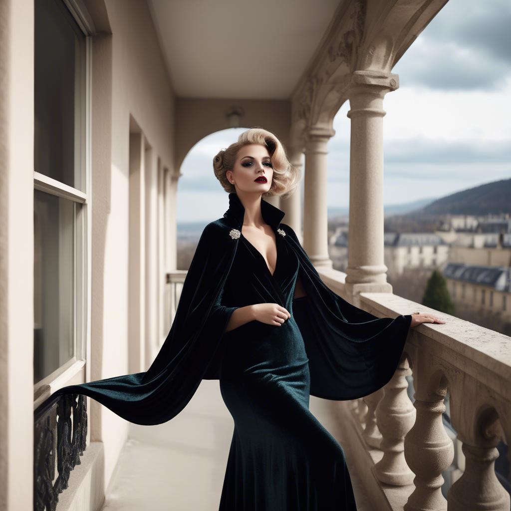 A stunning image of glamorous diva in a velvet cape on a balcony.