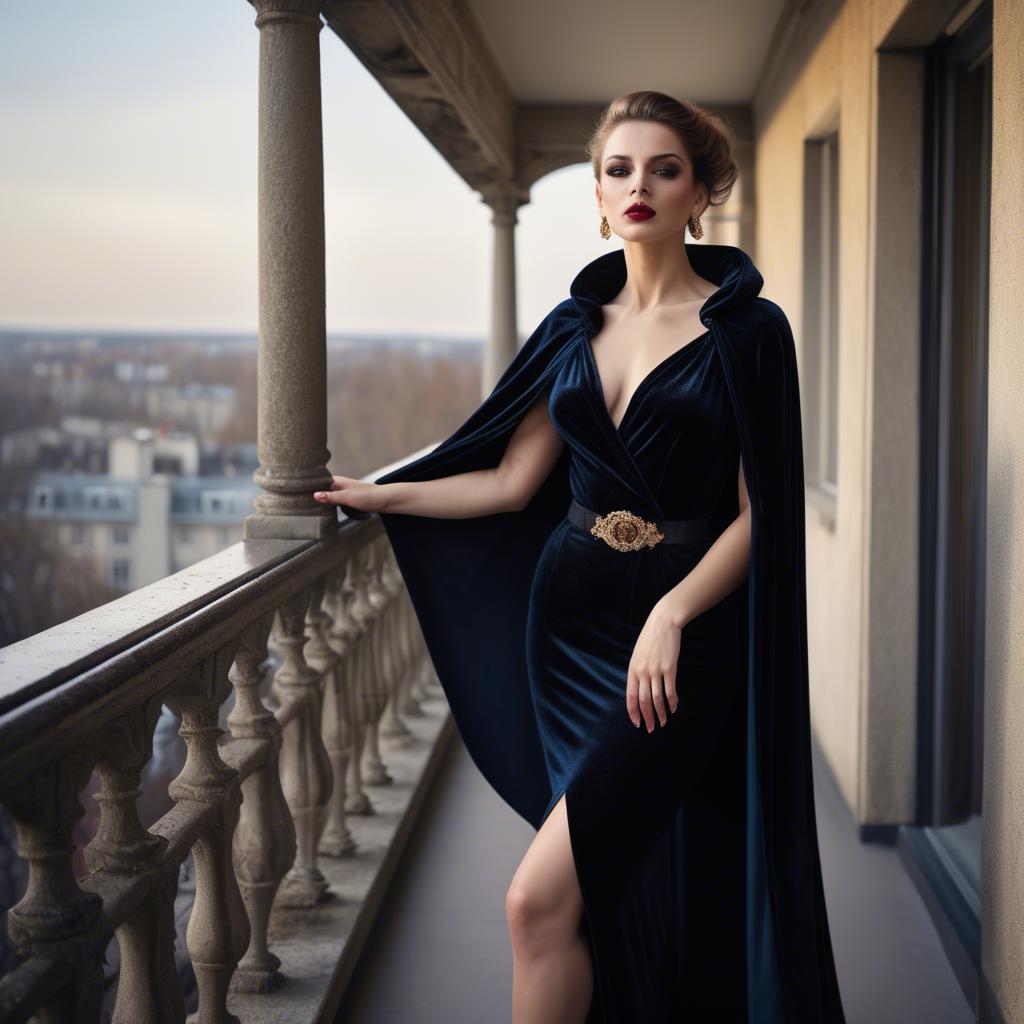 A stunning image of glamorous diva in a velvet cape on a balcony.