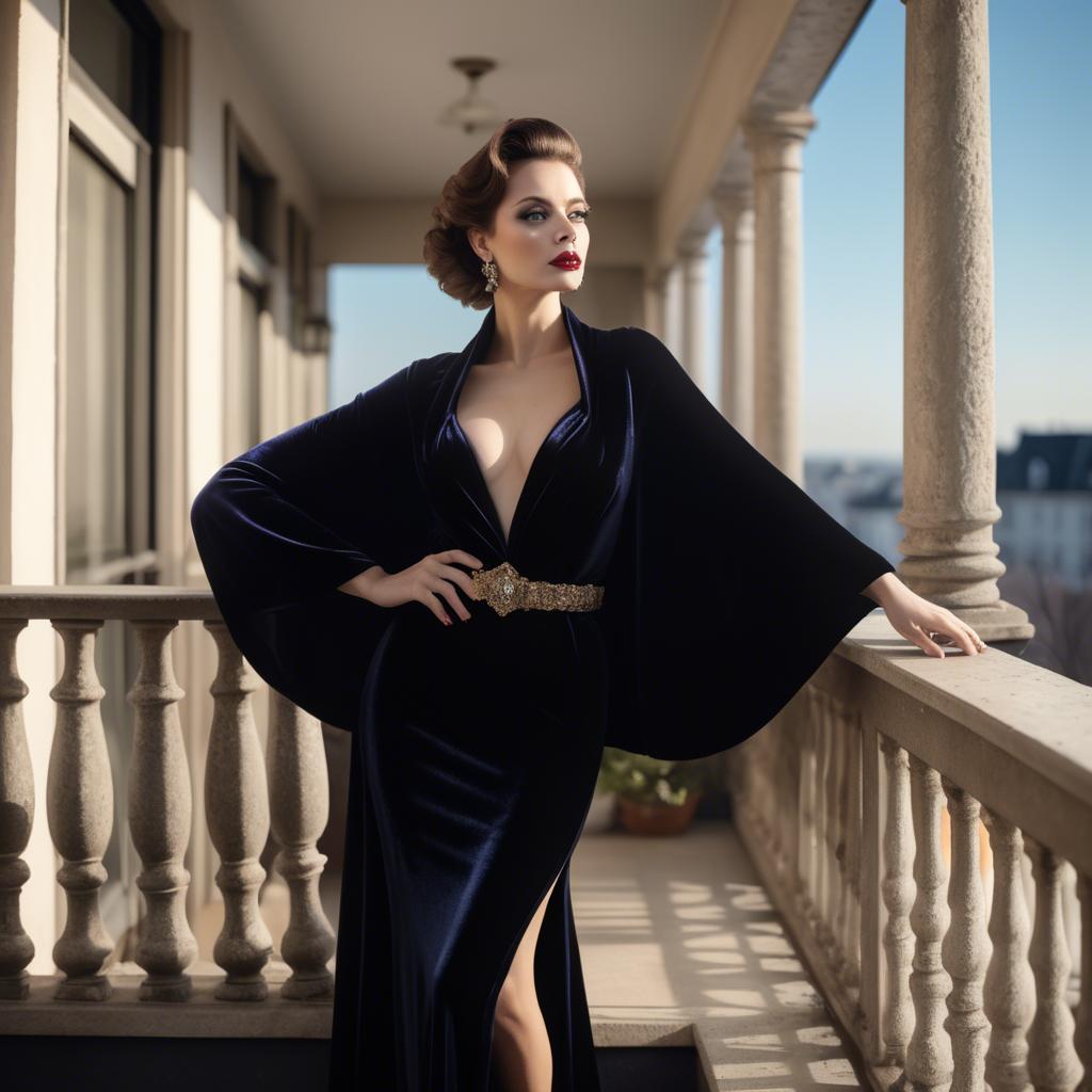A stunning image of glamorous diva in a velvet cape on a balcony.