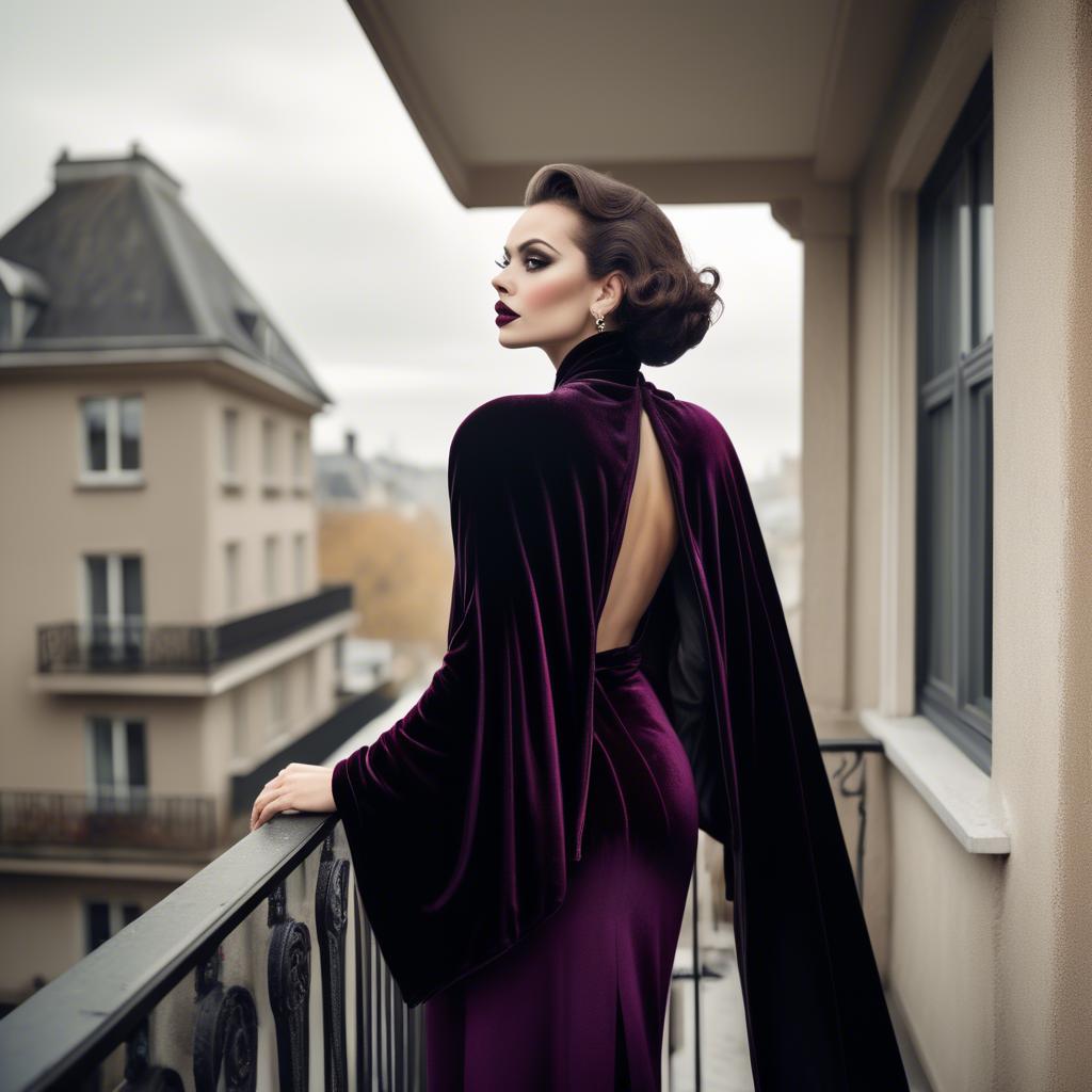 A stunning image of glamorous diva in a velvet cape on a balcony.