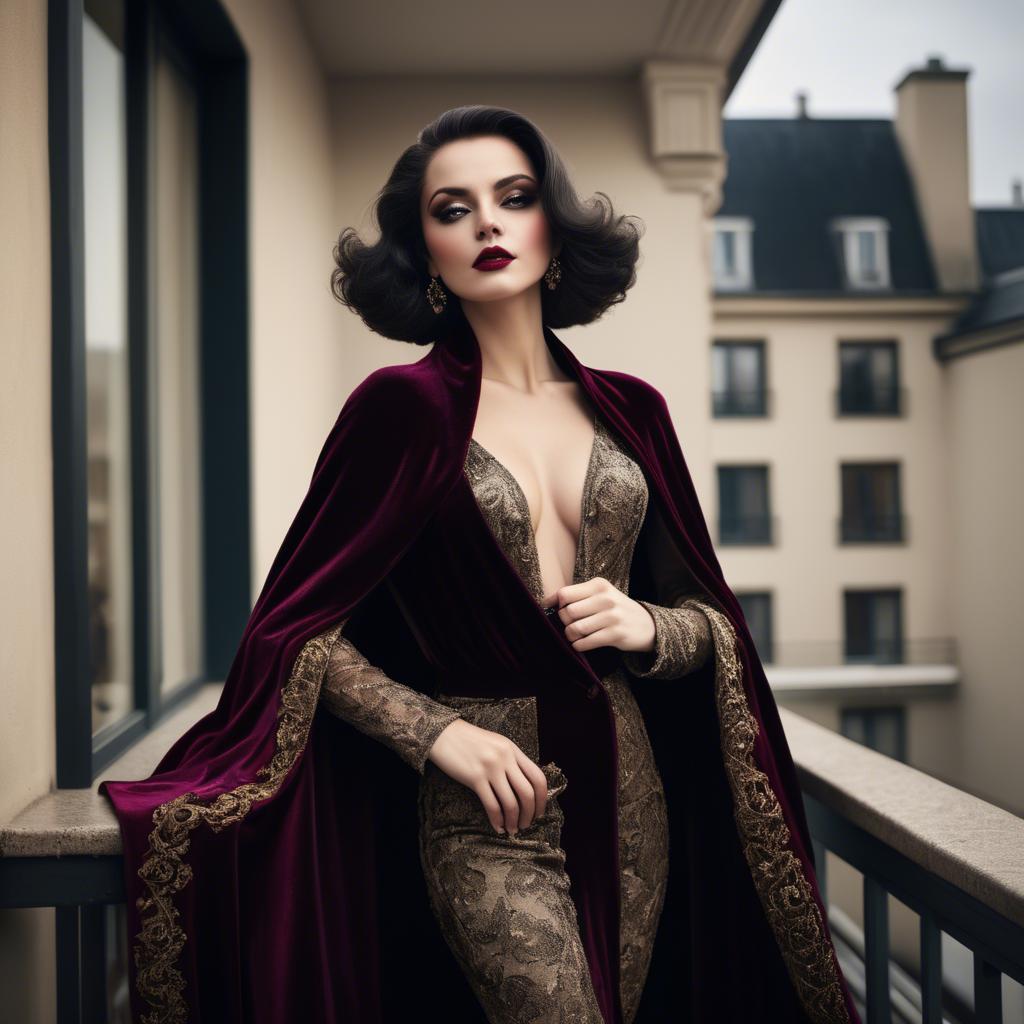 A stunning image of glamorous diva in a velvet cape on a balcony.