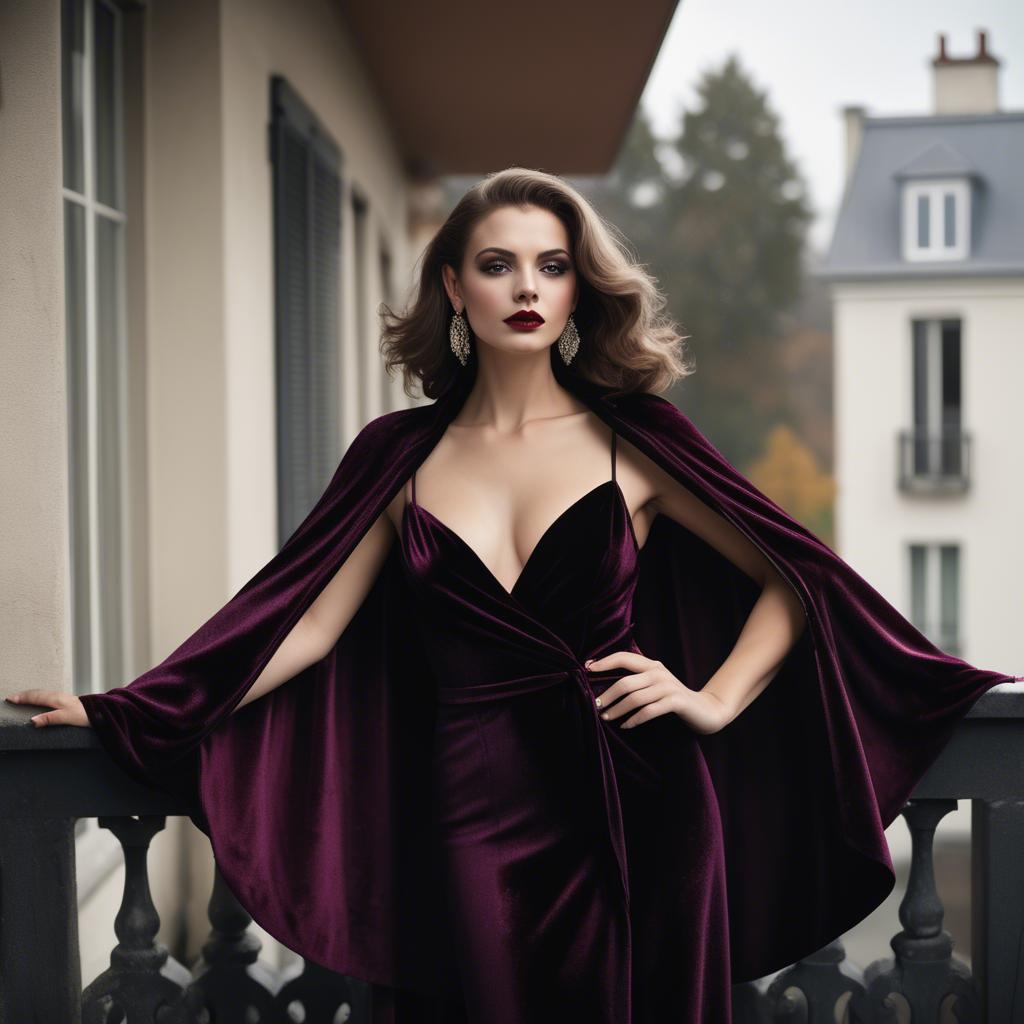 A stunning image of glamorous diva in a velvet cape on a balcony.