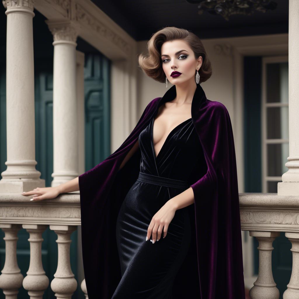 A stunning image of glamorous diva in a velvet cape on a balcony.