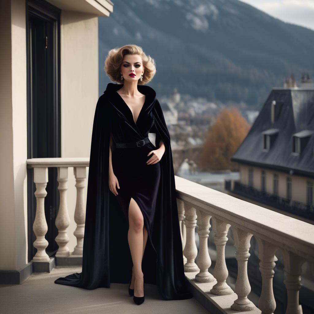 A stunning image of glamorous diva in a velvet cape on a balcony.