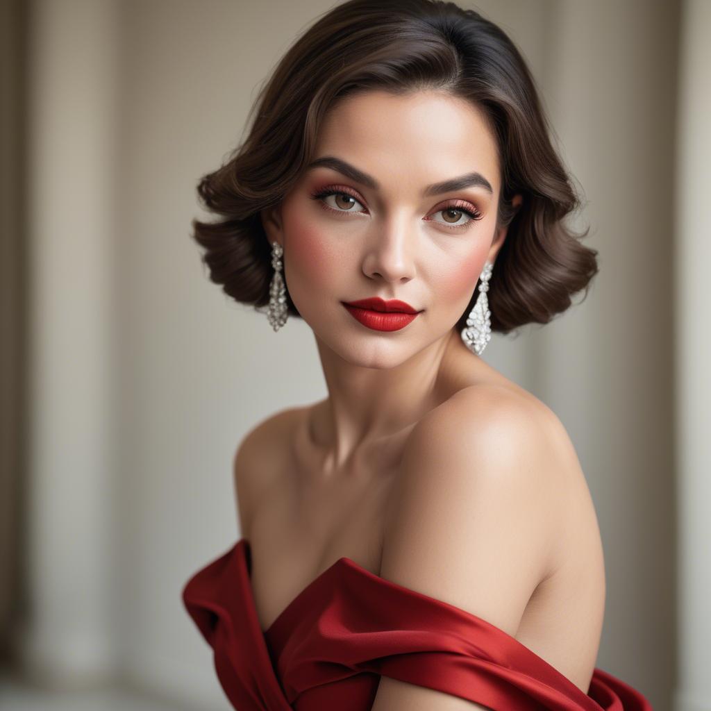 A stunning image of glamorous diva in an off-the-shoulder red dress.