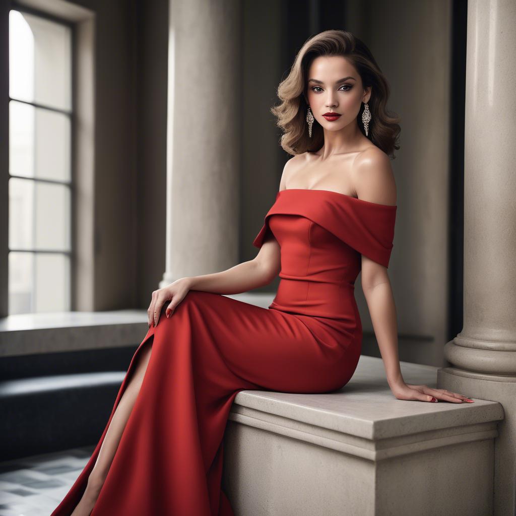 A stunning image of glamorous diva in an off-the-shoulder red dress.
