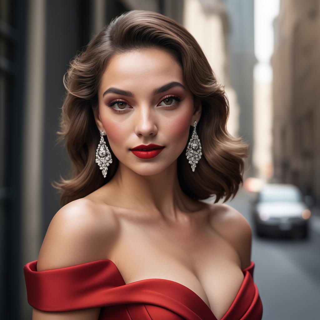 A stunning image of glamorous diva in an off-the-shoulder red dress.