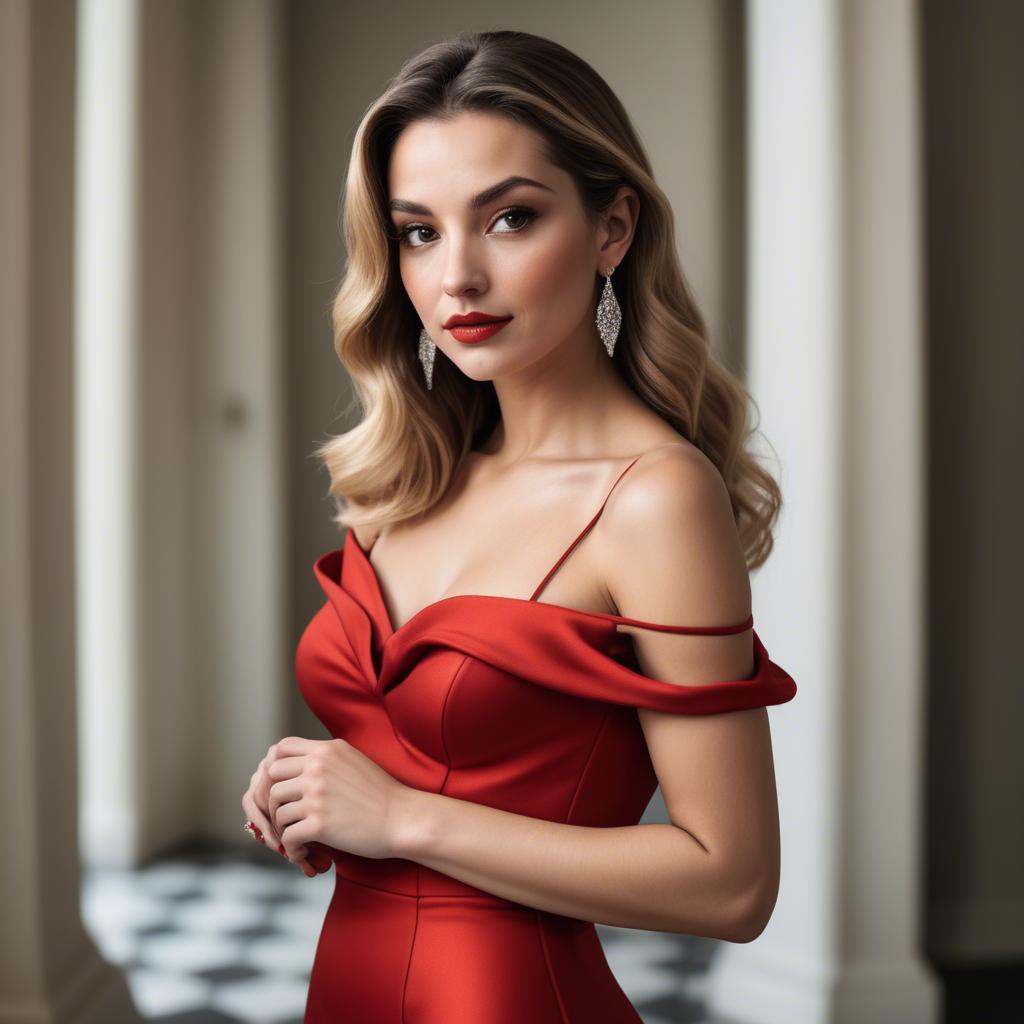 A stunning image of glamorous diva in an off-the-shoulder red dress.
