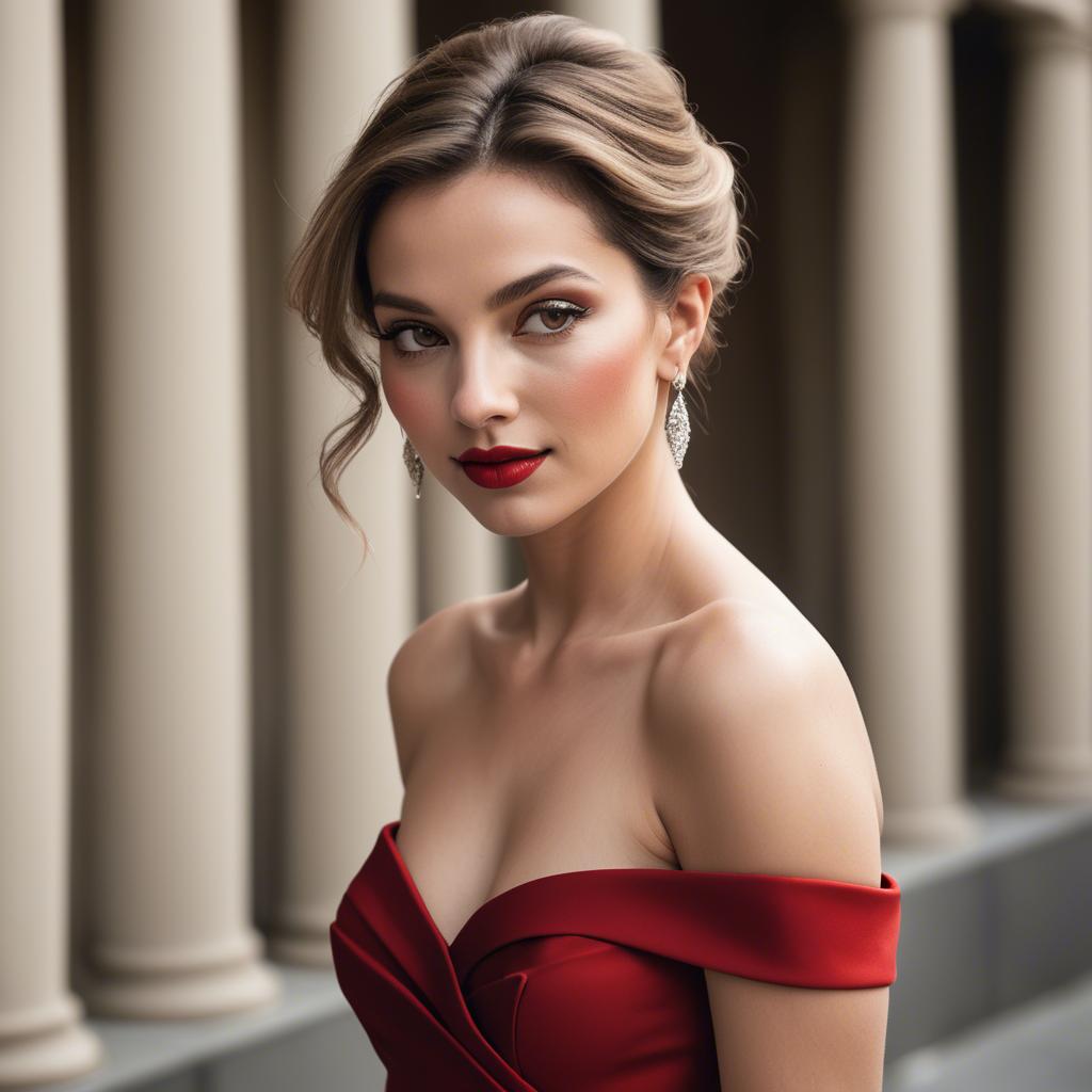 A stunning image of glamorous diva in an off-the-shoulder red dress.