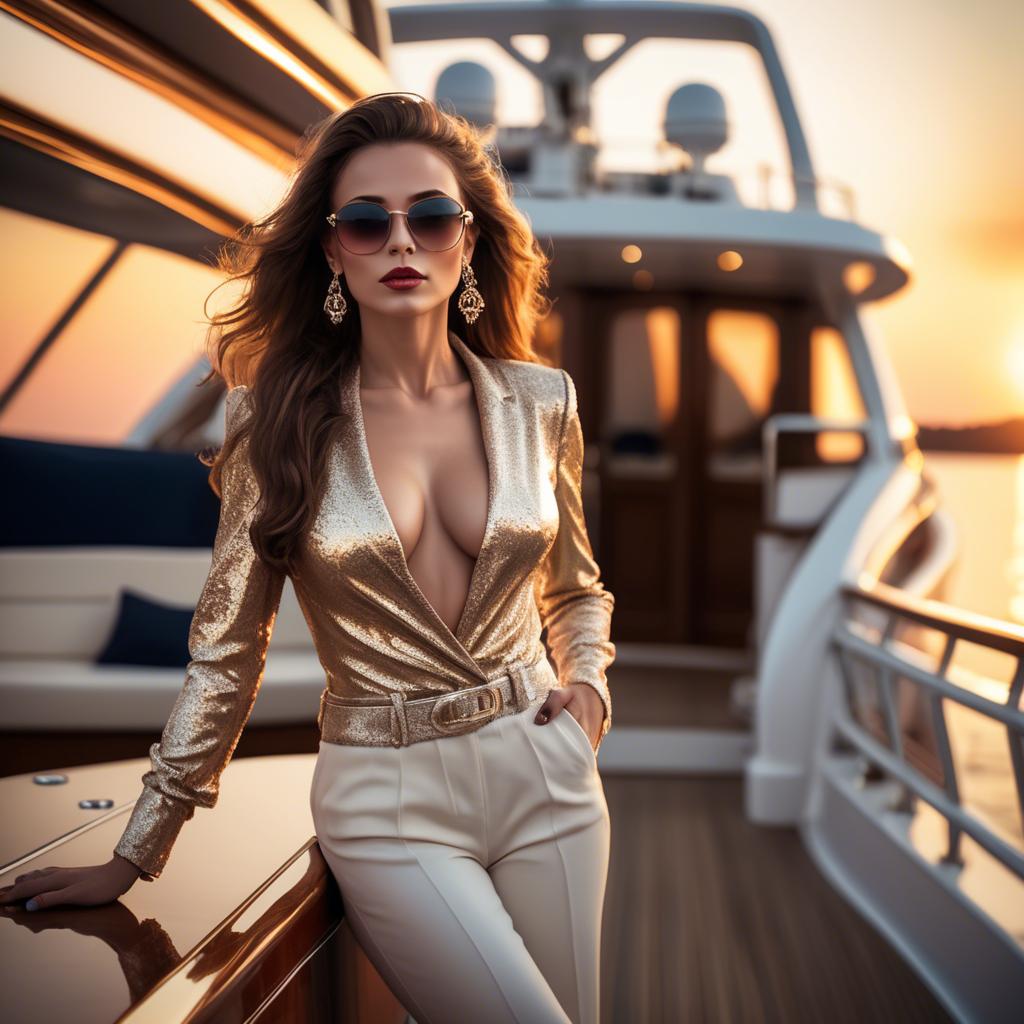 A stunning image of glamorous diva on a luxury yacht at sunset.