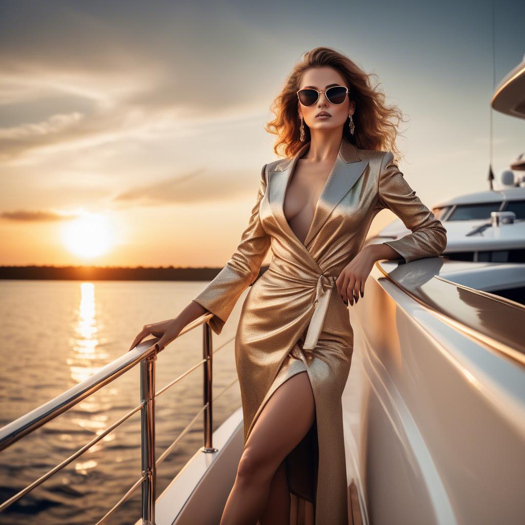 A stunning image of glamorous diva on a luxury yacht at sunset.