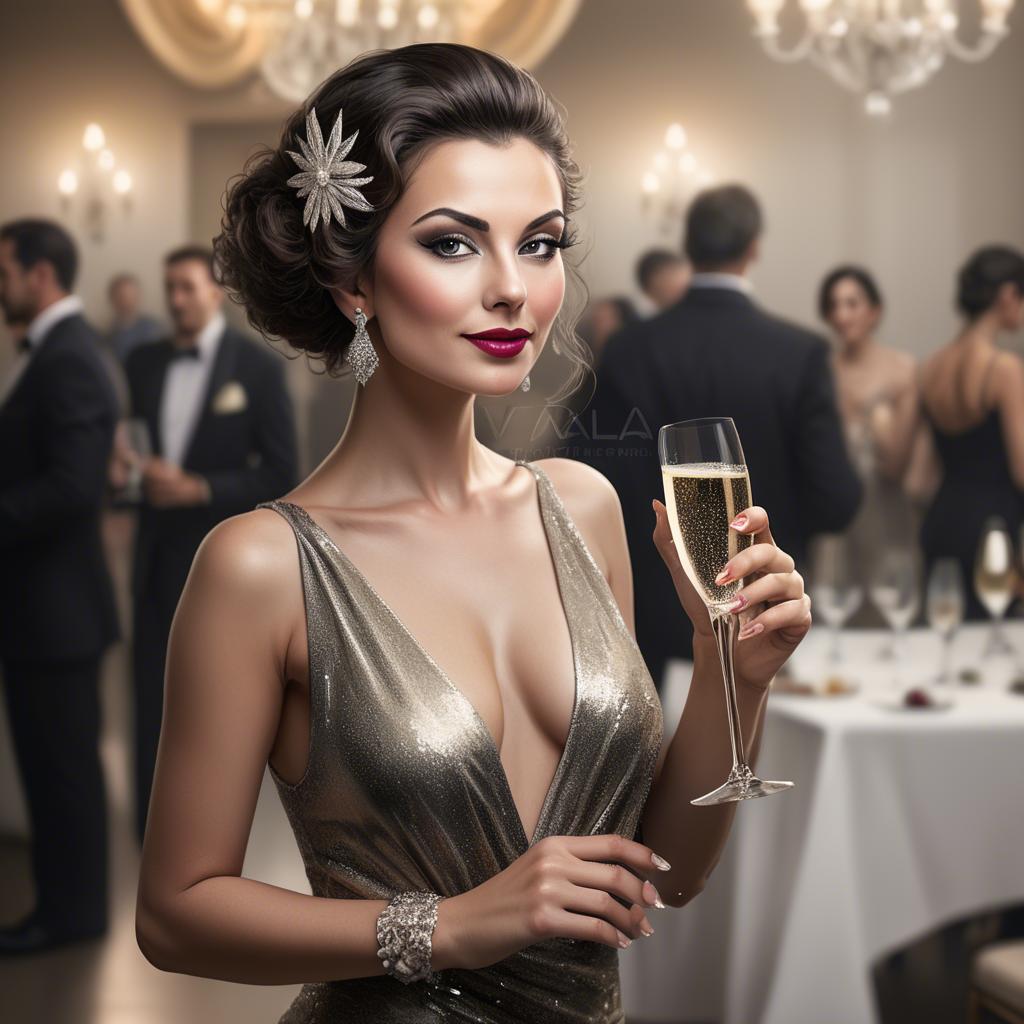 A stunning image of glamorous diva with a champagne glass at a gala.