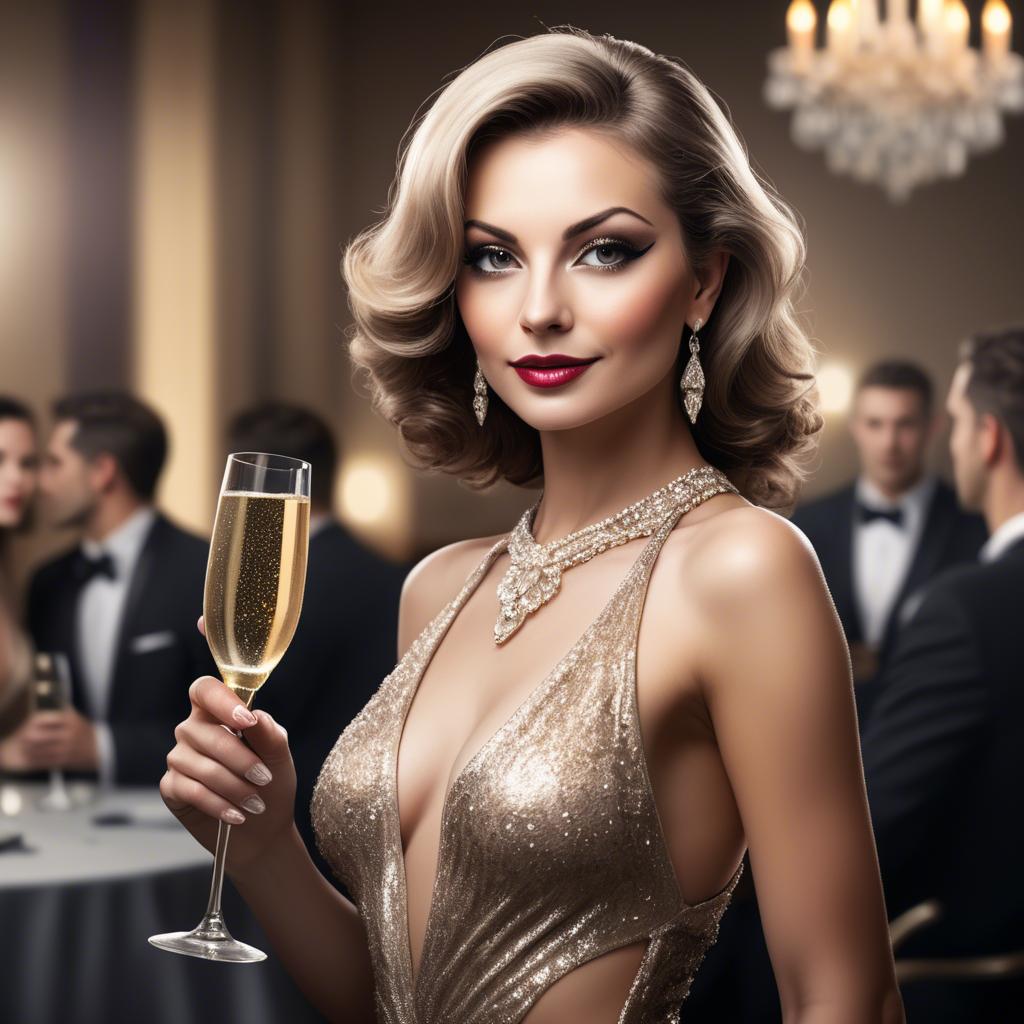 A stunning image of glamorous diva with a champagne glass at a gala.