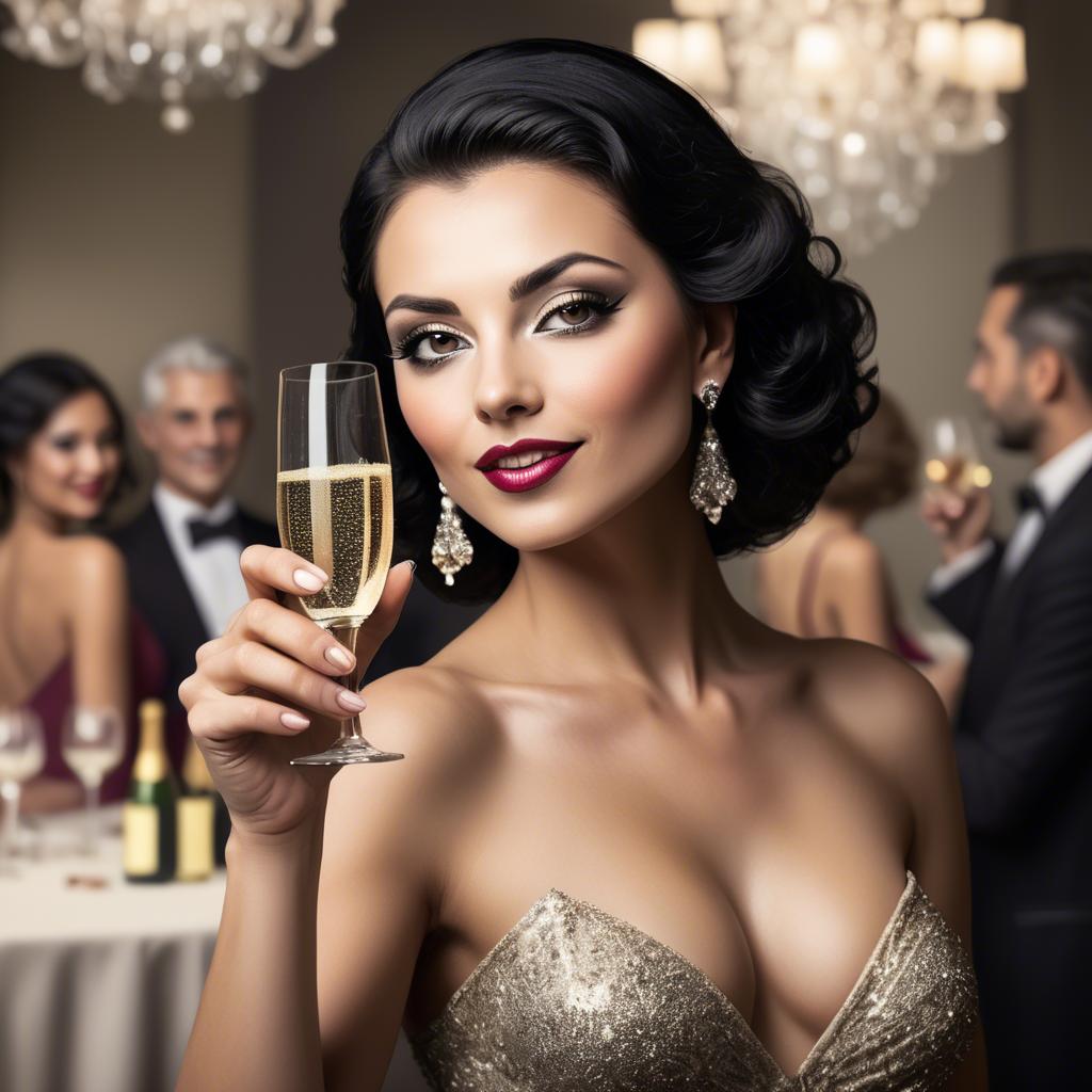 A stunning image of glamorous diva with a champagne glass at a gala.
