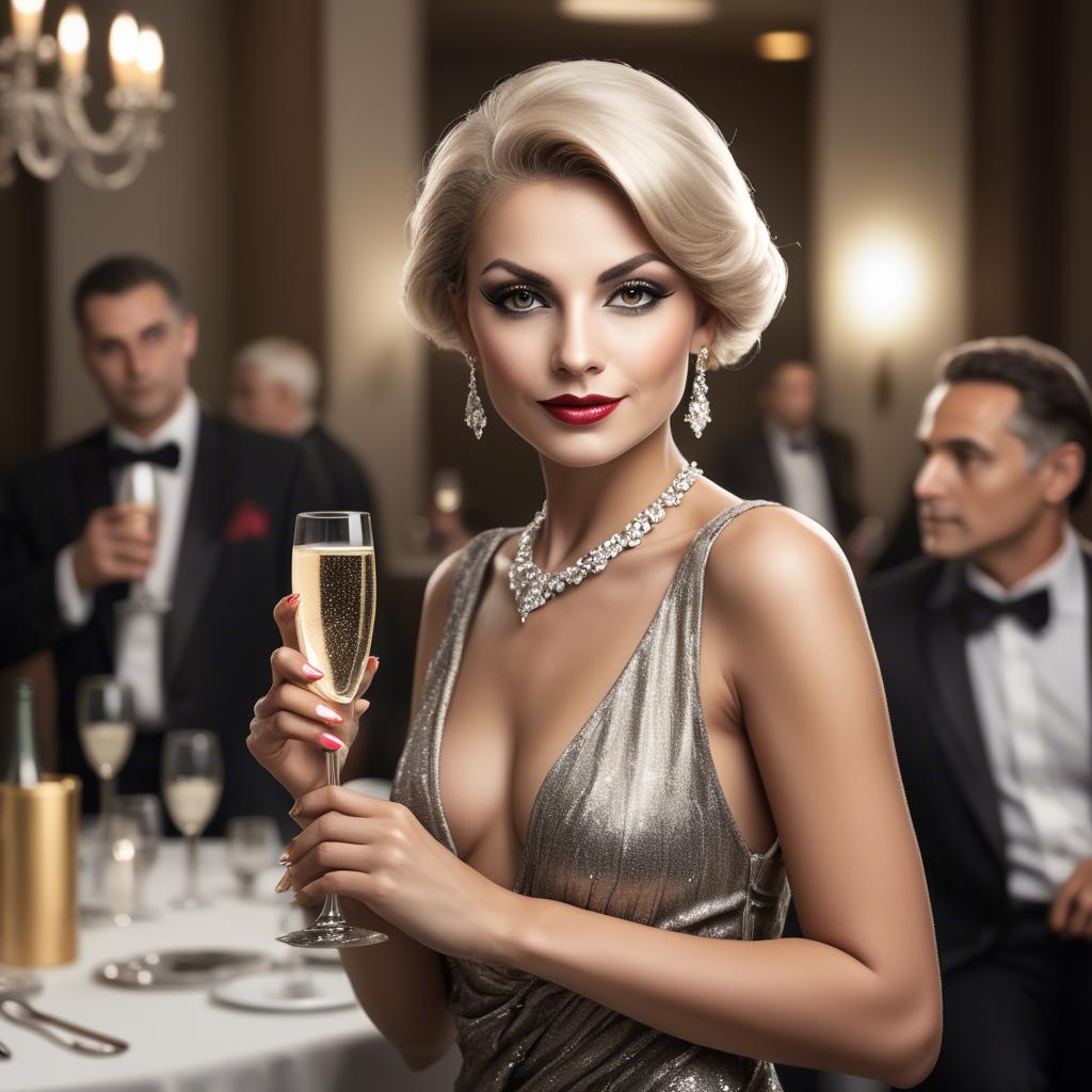 A stunning image of glamorous diva with a champagne glass at a gala.