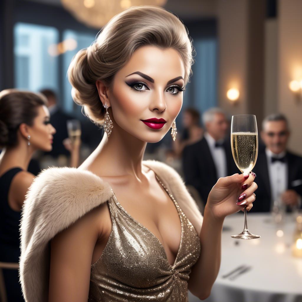 A stunning image of glamorous diva with a champagne glass at a gala.