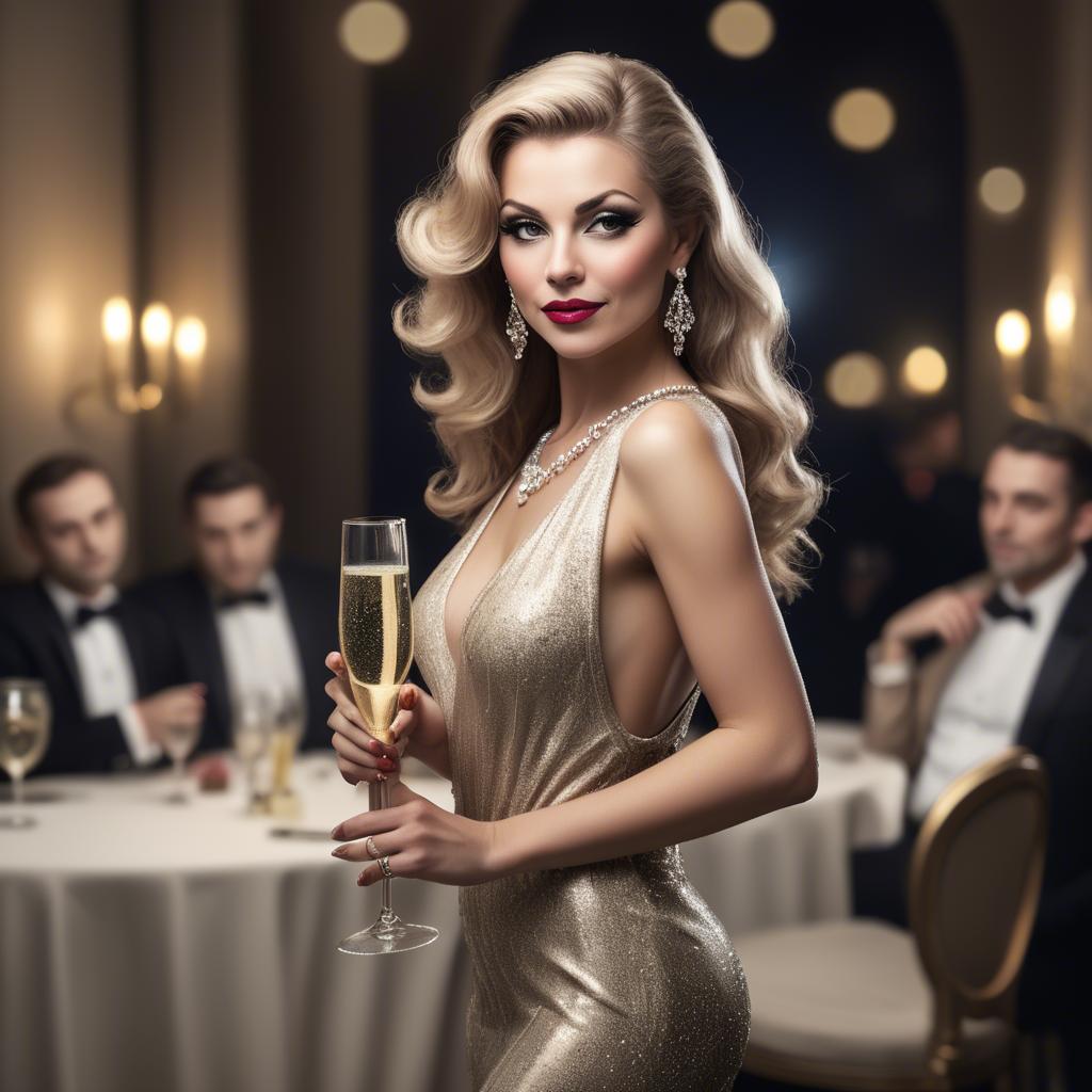 A stunning image of glamorous diva with a champagne glass at a gala.