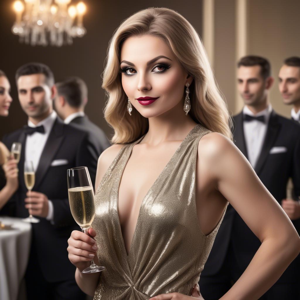 A stunning image of glamorous diva with a champagne glass at a gala.