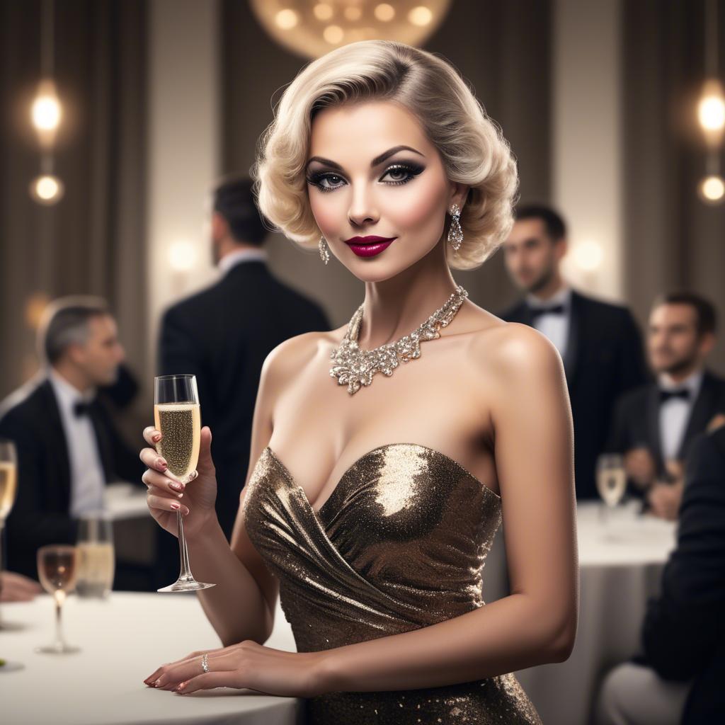 A stunning image of glamorous diva with a champagne glass at a gala.