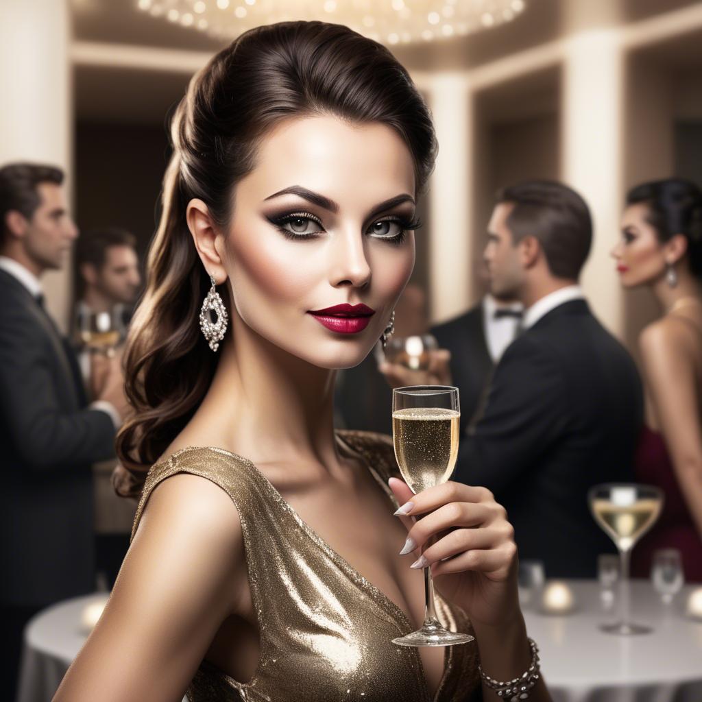 A stunning image of glamorous diva with a champagne glass at a gala.