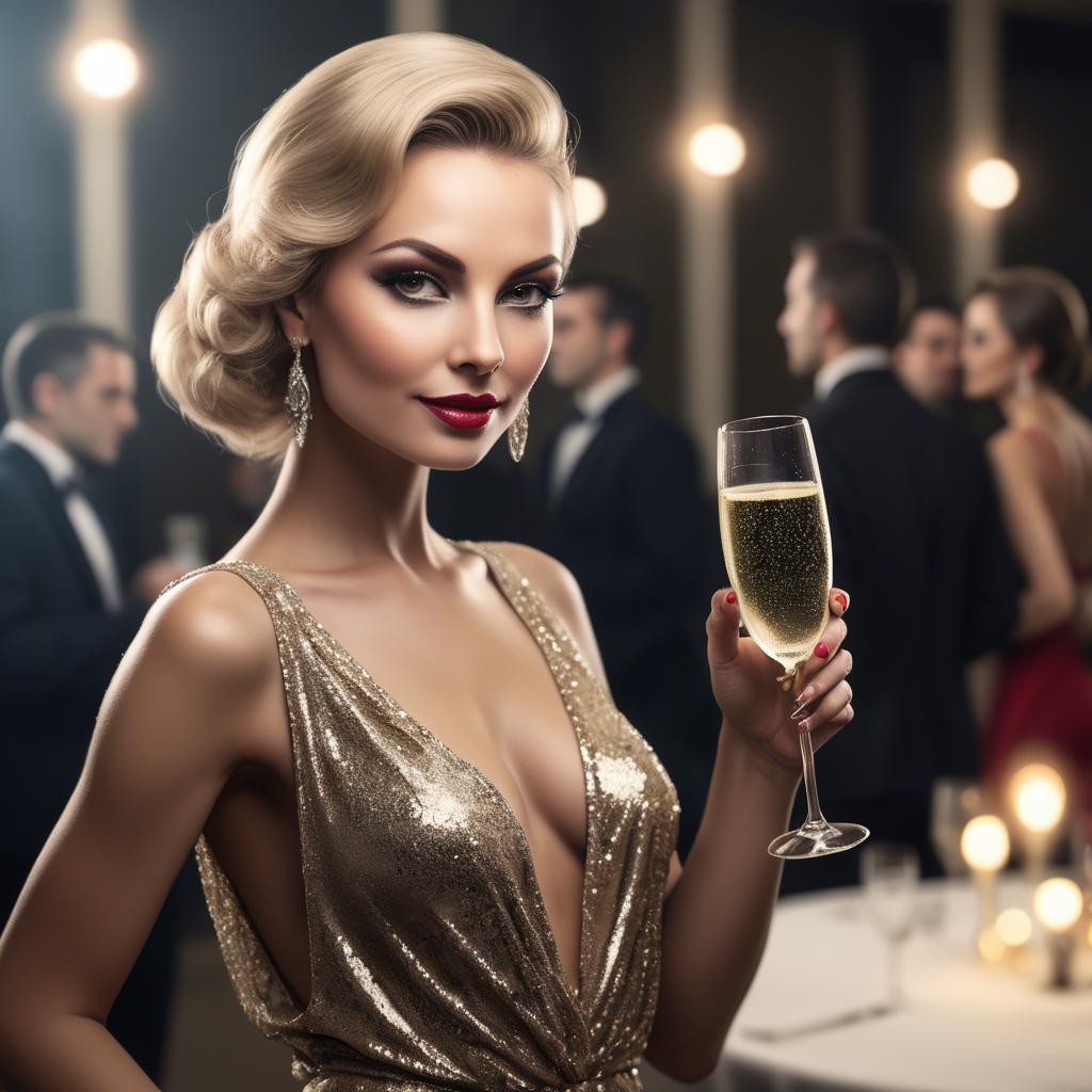 A stunning image of glamorous diva with a champagne glass at a gala.