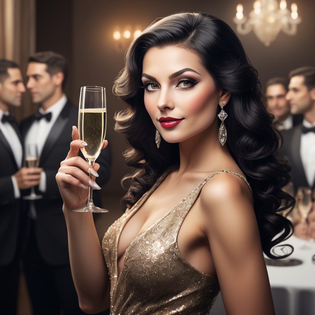 A stunning image of glamorous diva with a champagne glass at a gala.