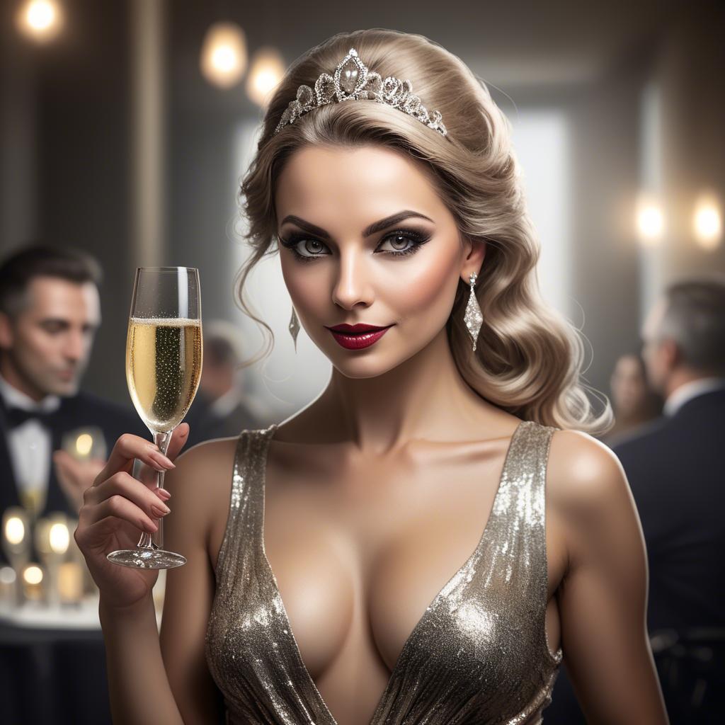 A stunning image of glamorous diva with a champagne glass at a gala.