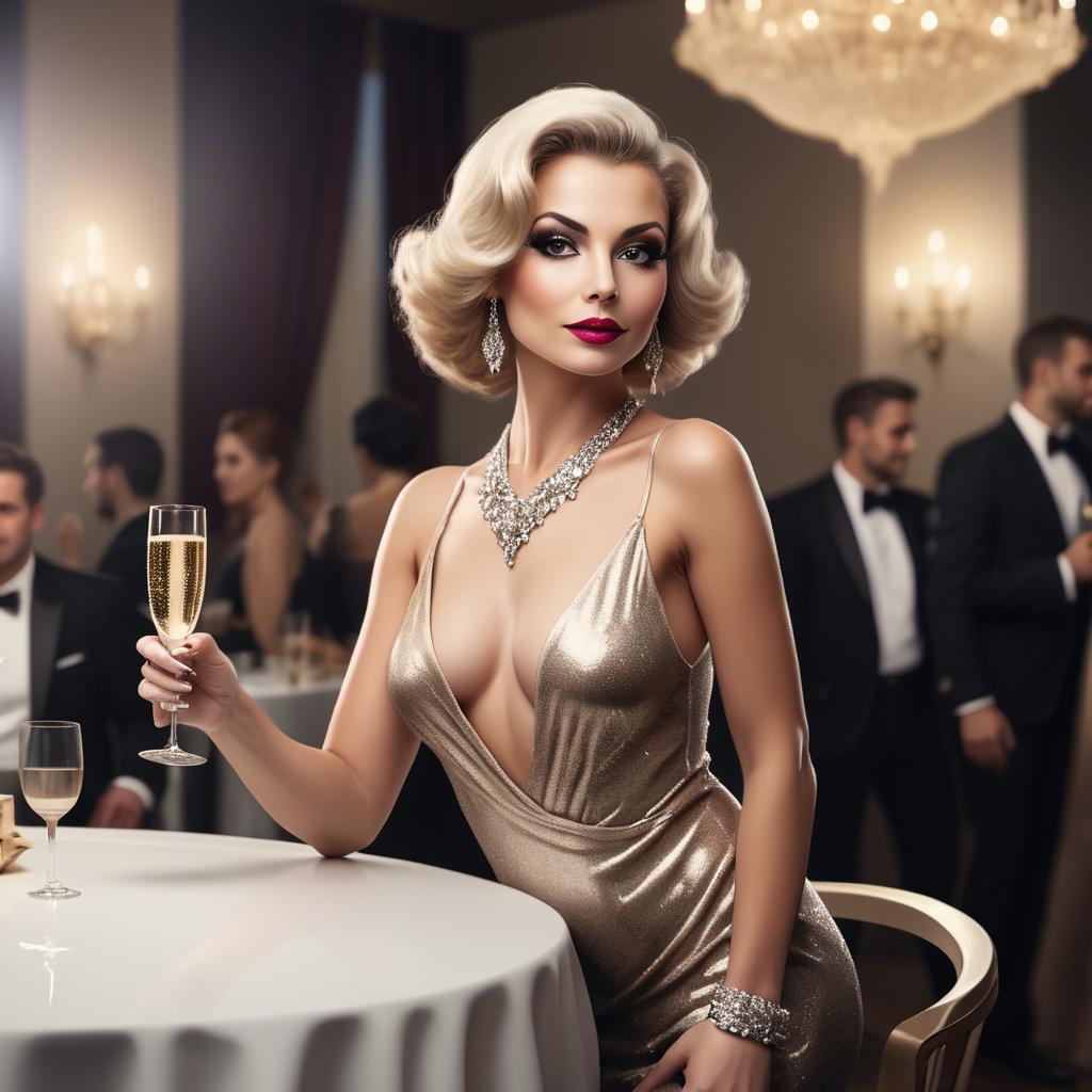 A stunning image of glamorous diva with a champagne glass at a gala.