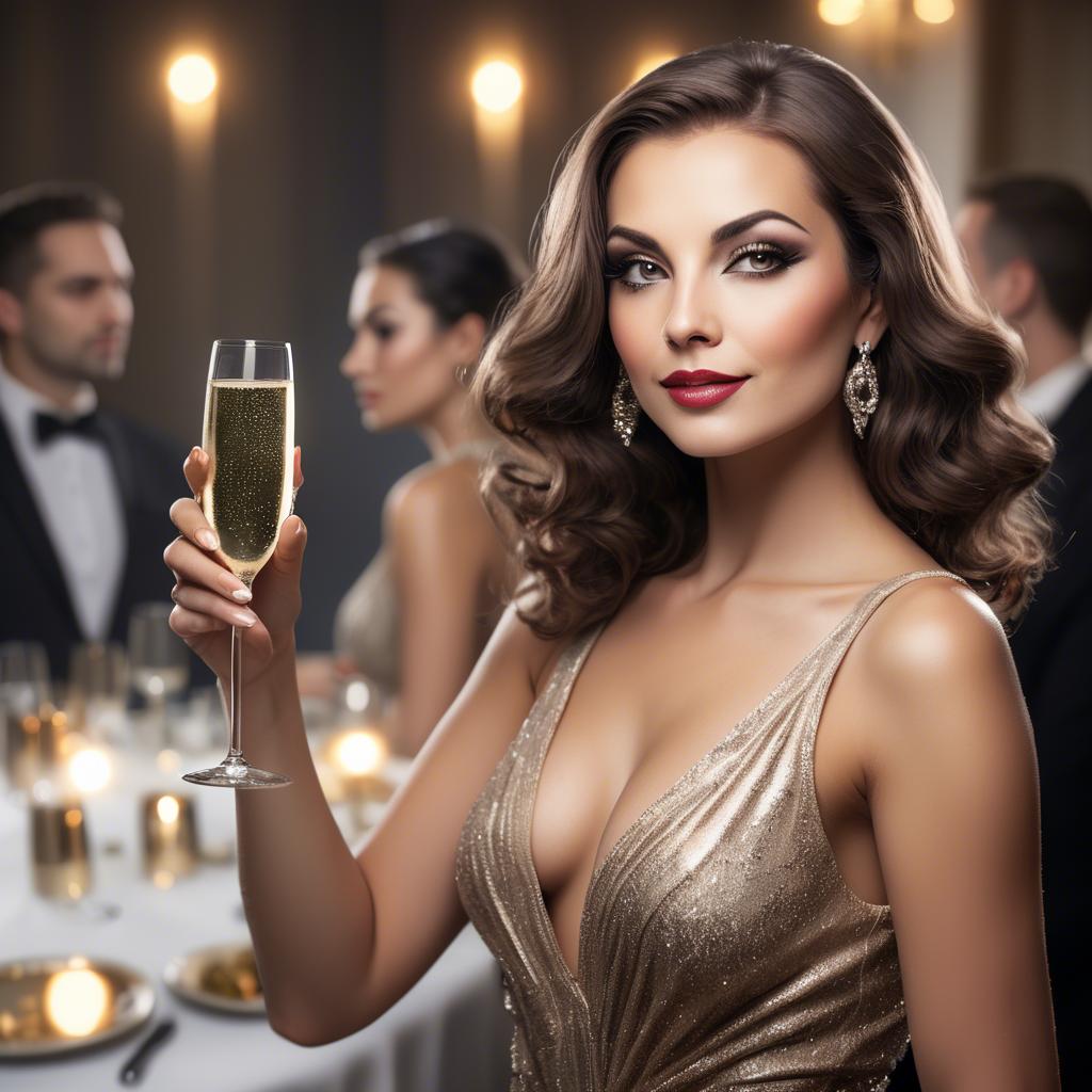 A stunning image of glamorous diva with a champagne glass at a gala.
