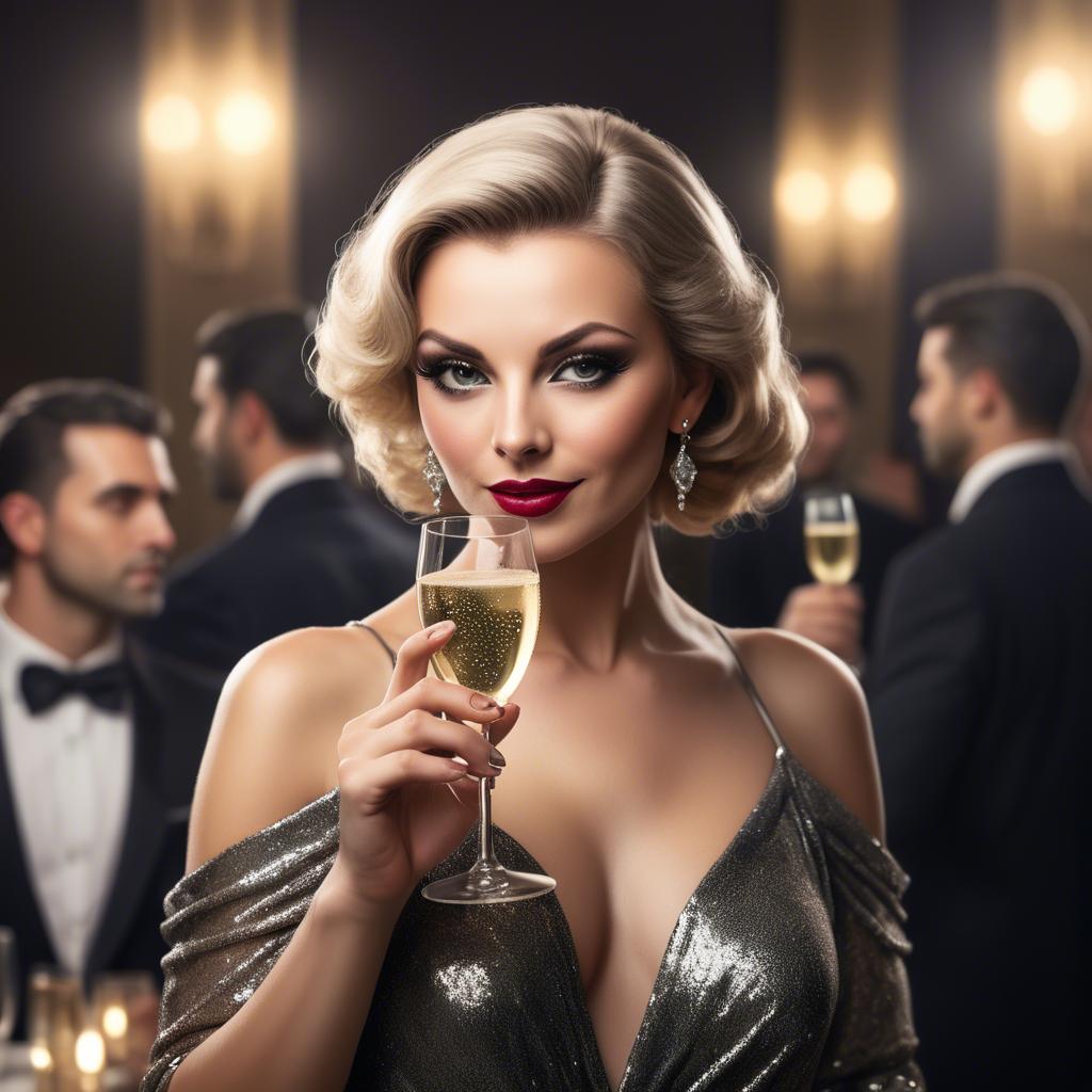 A stunning image of glamorous diva with a champagne glass at a gala.