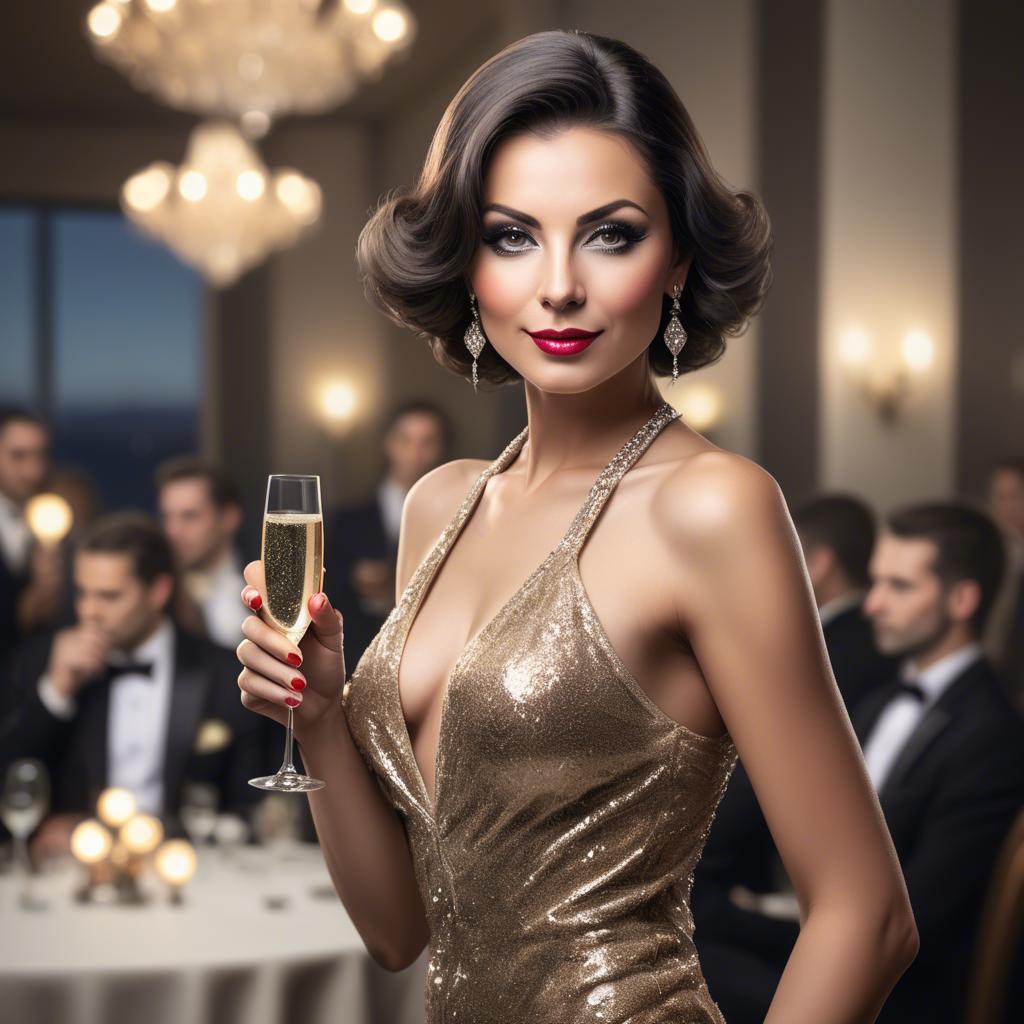 A stunning image of glamorous diva with a champagne glass at a gala.