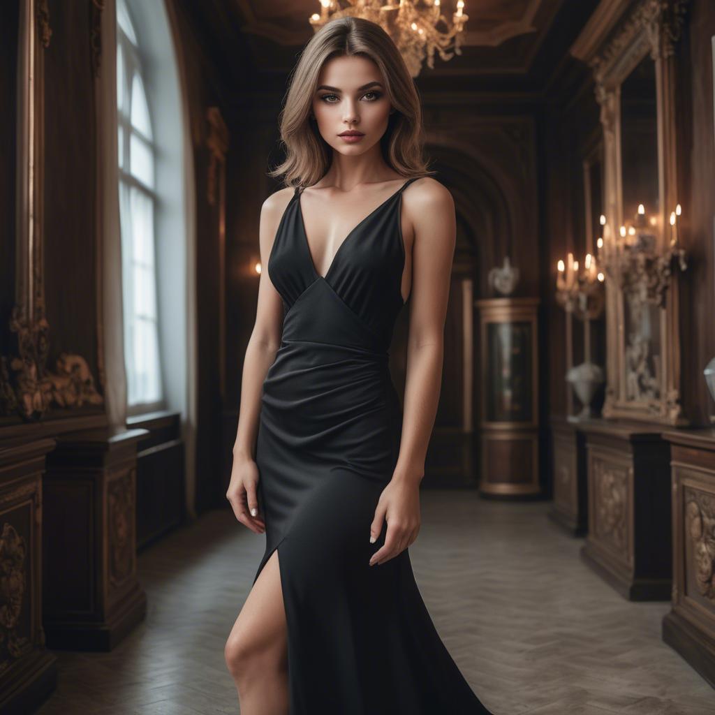 A stunning image of glamorous european model in a black dress.