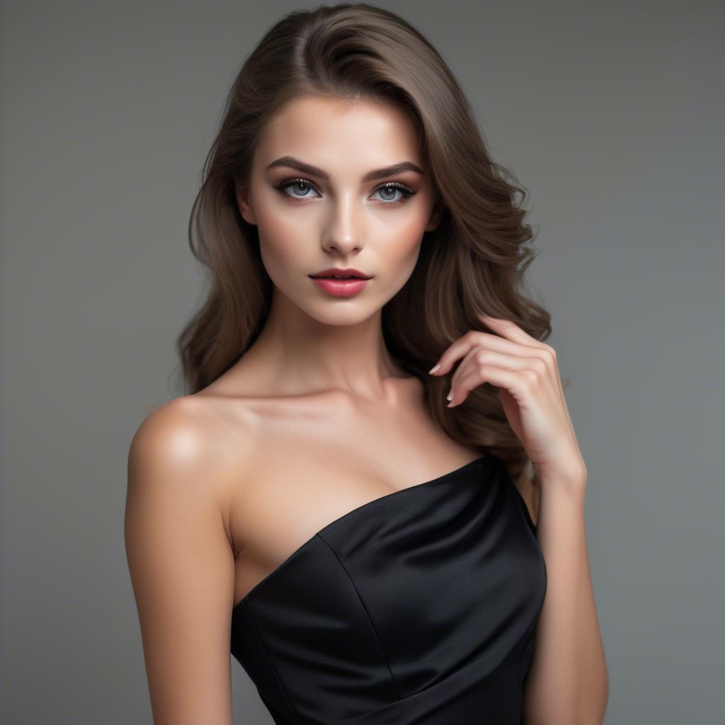 A stunning image of glamorous european model in a black dress.