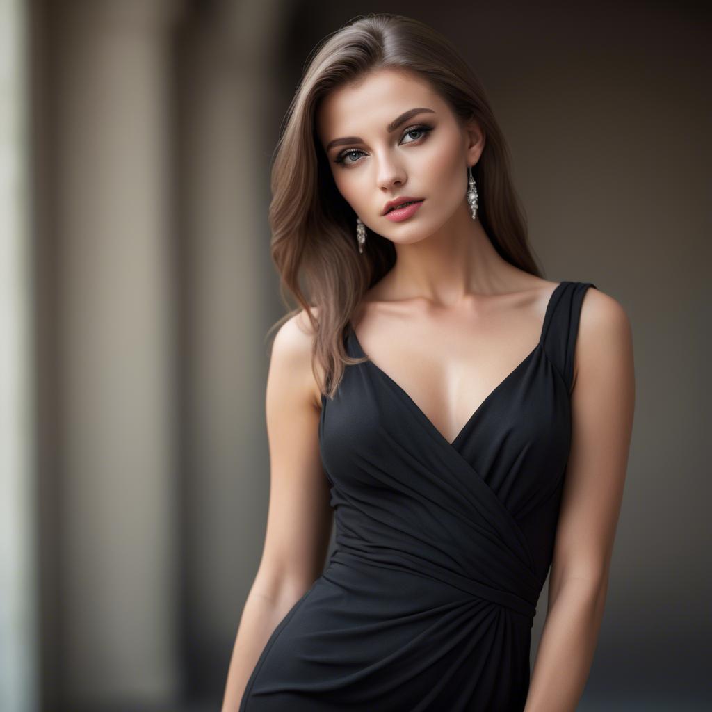 A stunning image of glamorous european model in a black dress.