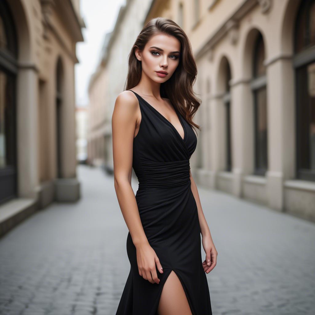 A stunning image of glamorous european model in a black dress.