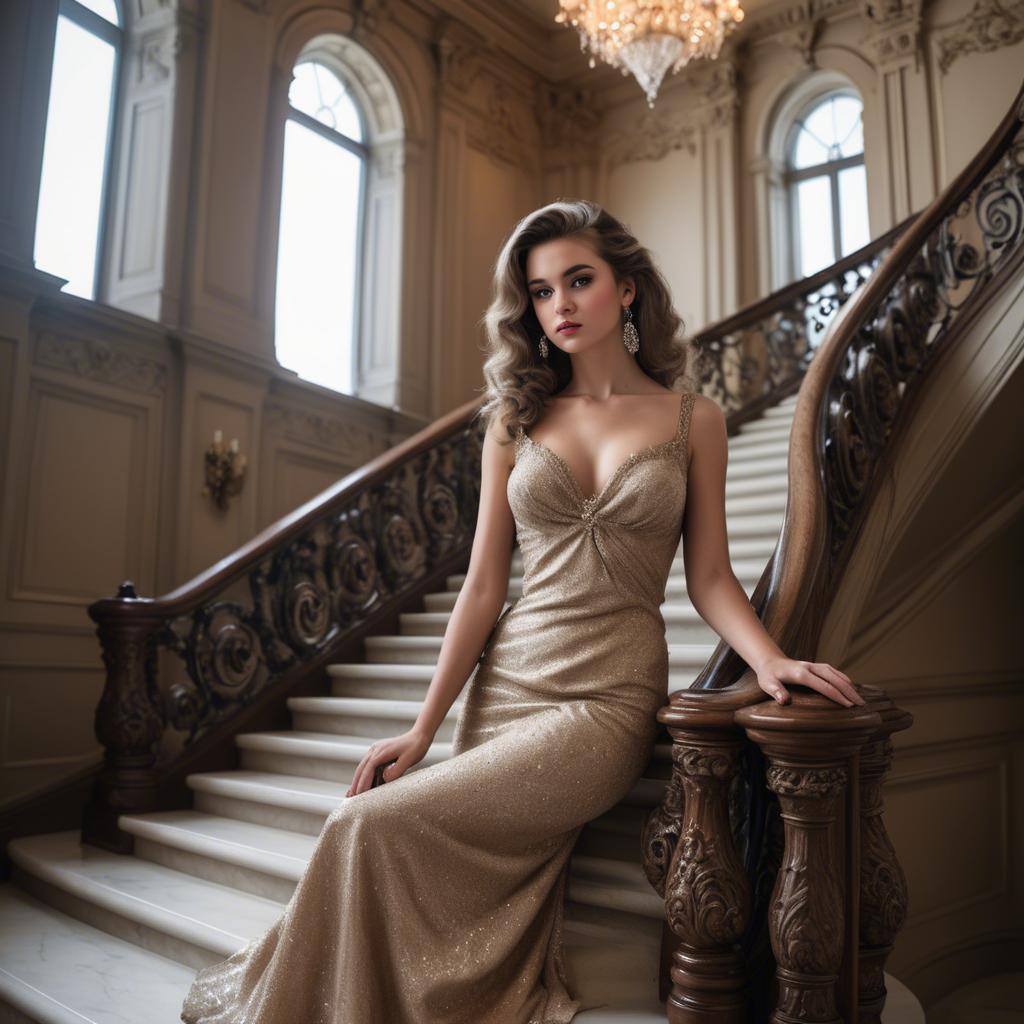 A stunning image of glamorous girl on a grand staircase.