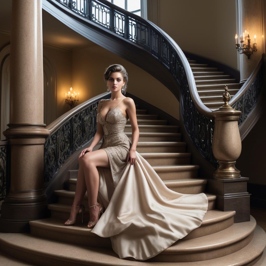 A stunning image of glamorous girl on a grand staircase.