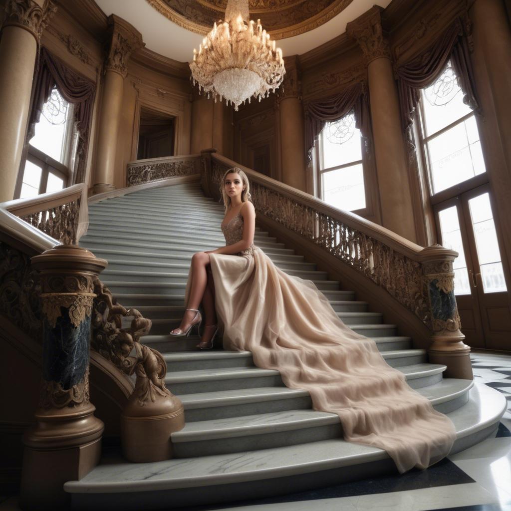 A stunning image of glamorous girl on a grand staircase.