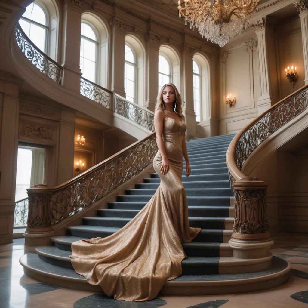 A stunning image of glamorous girl on a grand staircase.