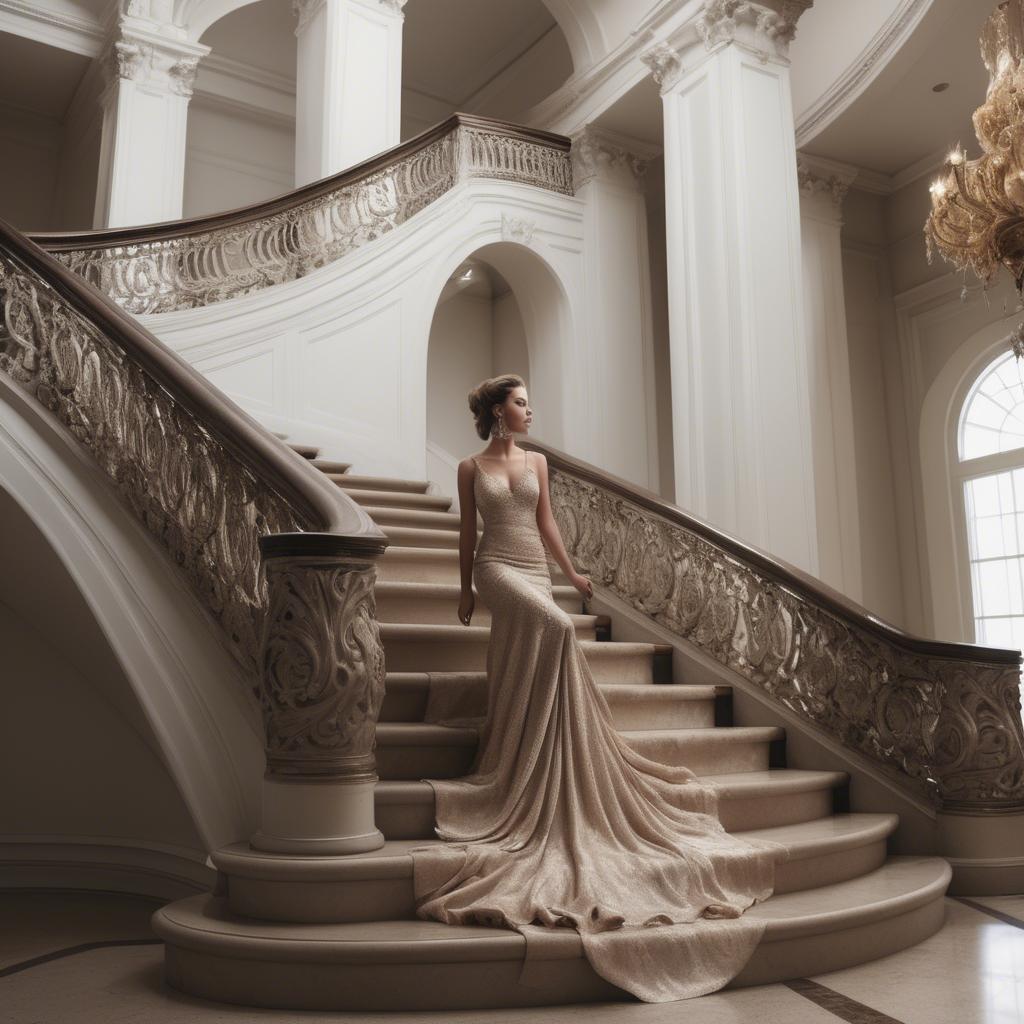 A stunning image of glamorous girl on a grand staircase.