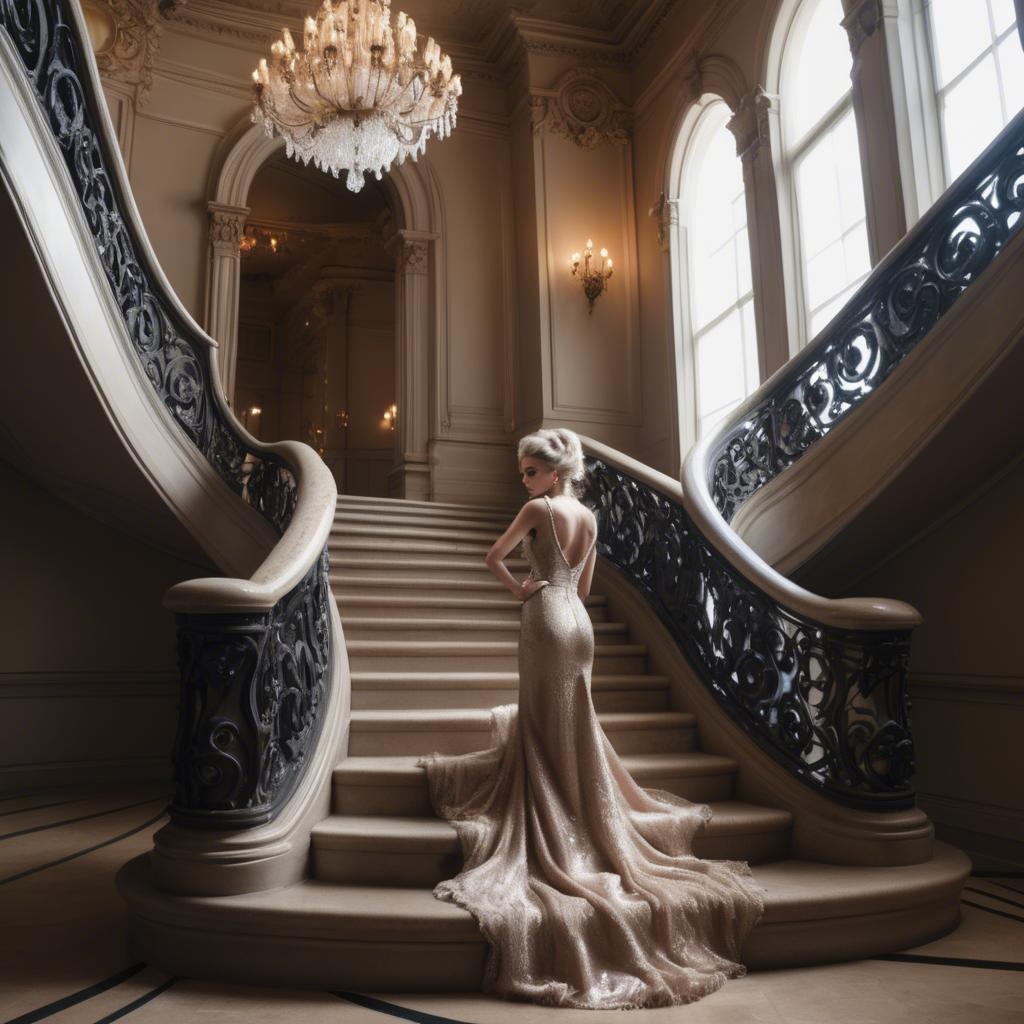 A stunning image of glamorous girl on a grand staircase.
