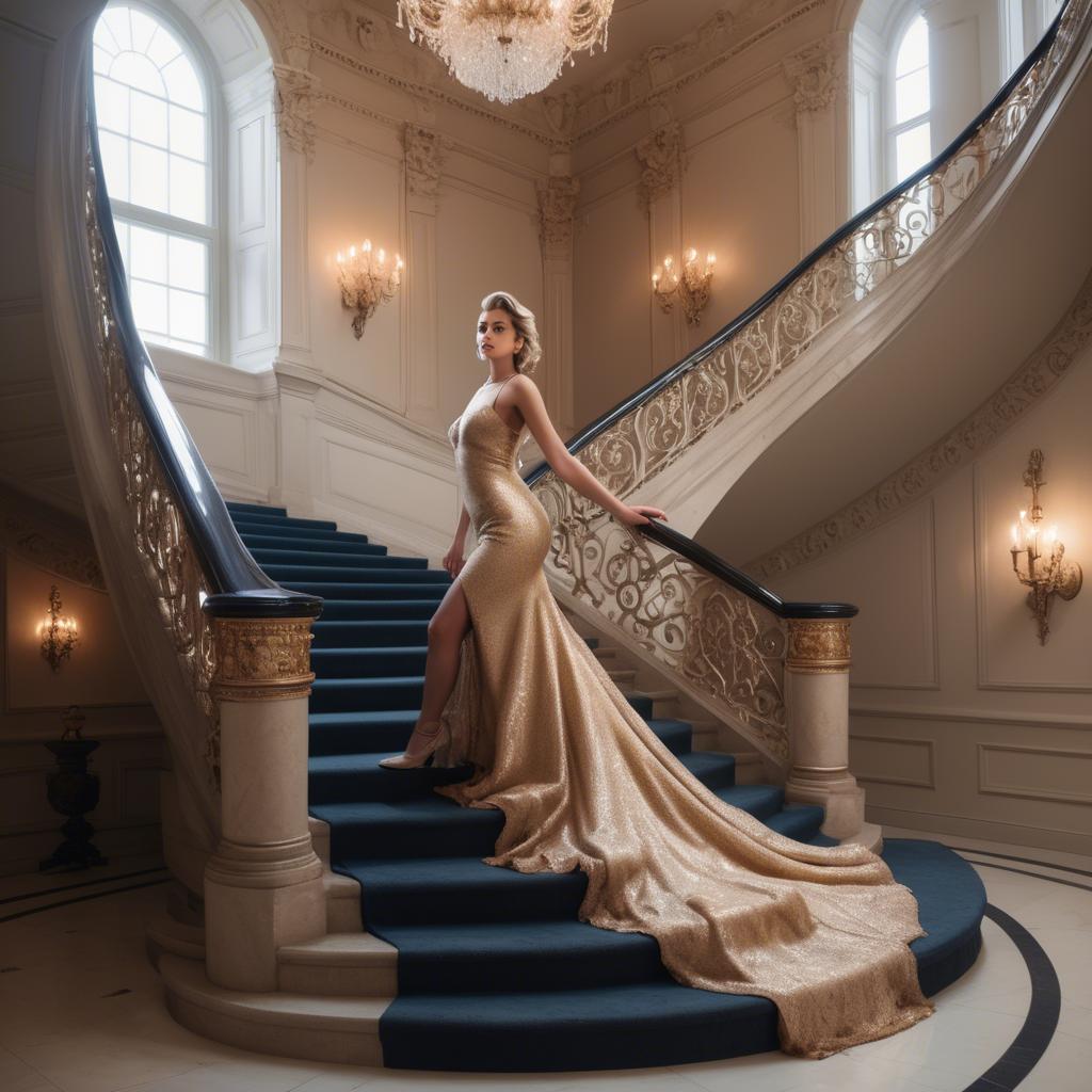 A stunning image of glamorous girl on a grand staircase.