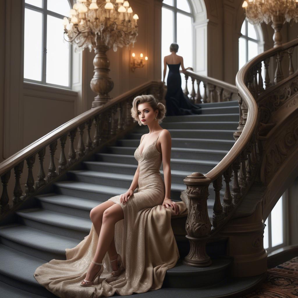 A stunning image of glamorous girl on a grand staircase.