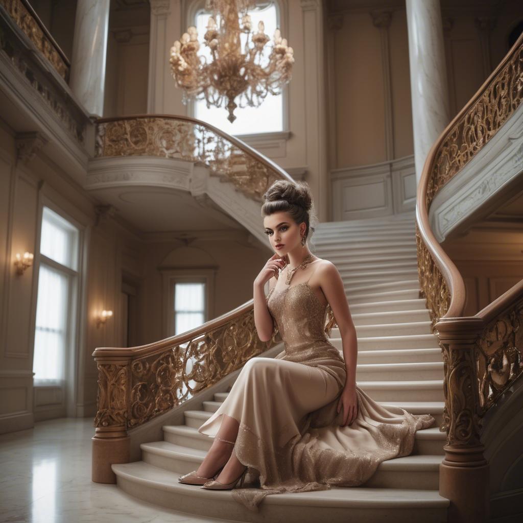 A stunning image of glamorous girl on a grand staircase.